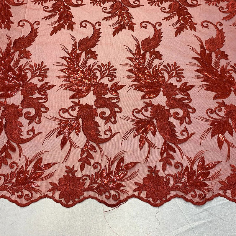 Handmade Floral Mesh Lace Embroidered Fabric By The Yard ICEFABRIC Red
