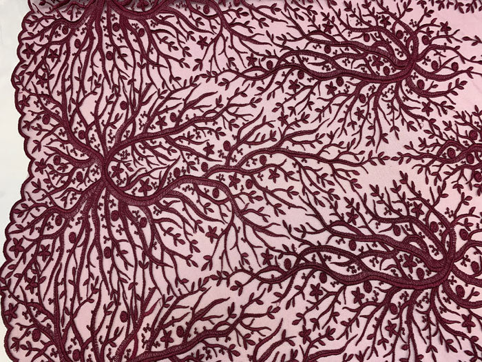 Tree Design Floral Embroidered Mesh Lace Fabric Sold By The YardICEFABRICICE FABRICSMagentaTree Design Floral Embroidered Mesh Lace Fabric Sold By The Yard ICEFABRIC