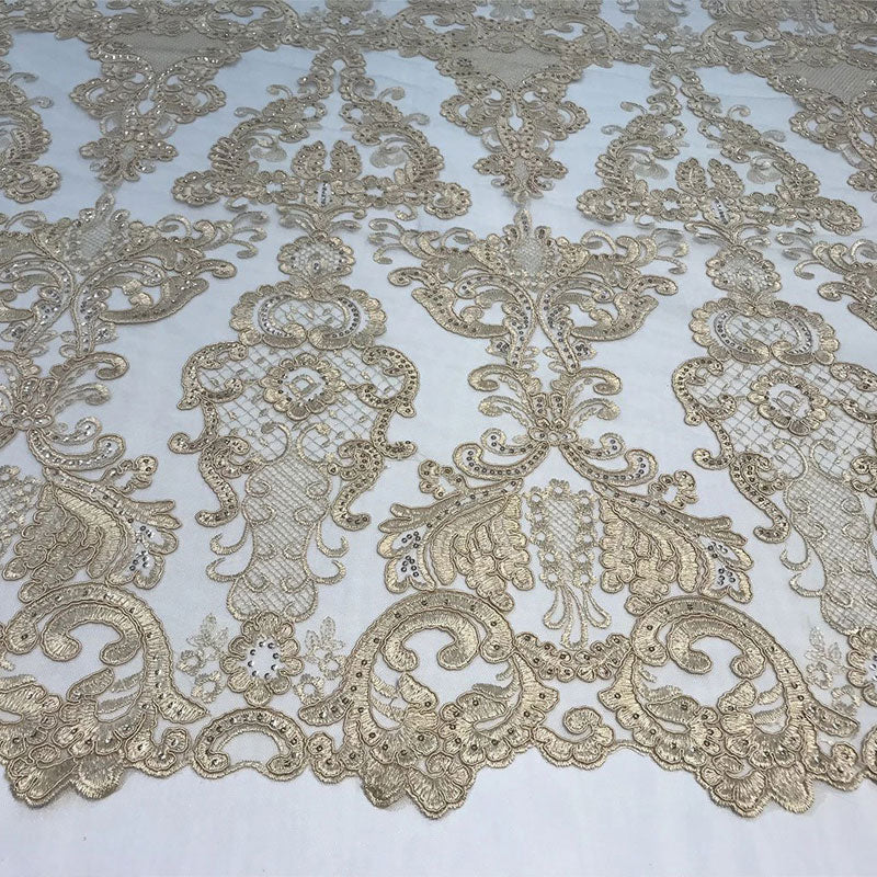 Embroidered Wedding Prom Design Mesh Lace Sequins Dress By The Yard ICE FABRICS Light Gold
