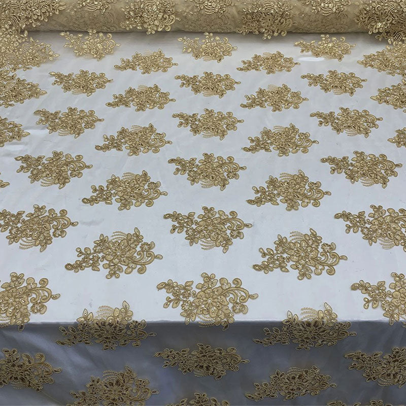 Embroidered Mesh lace Floral Design Fabric With Sequins By The YardICEFABRICICE FABRICSGoldEmbroidered Mesh lace Floral Design Fabric With Sequins By The Yard ICEFABRIC Gold