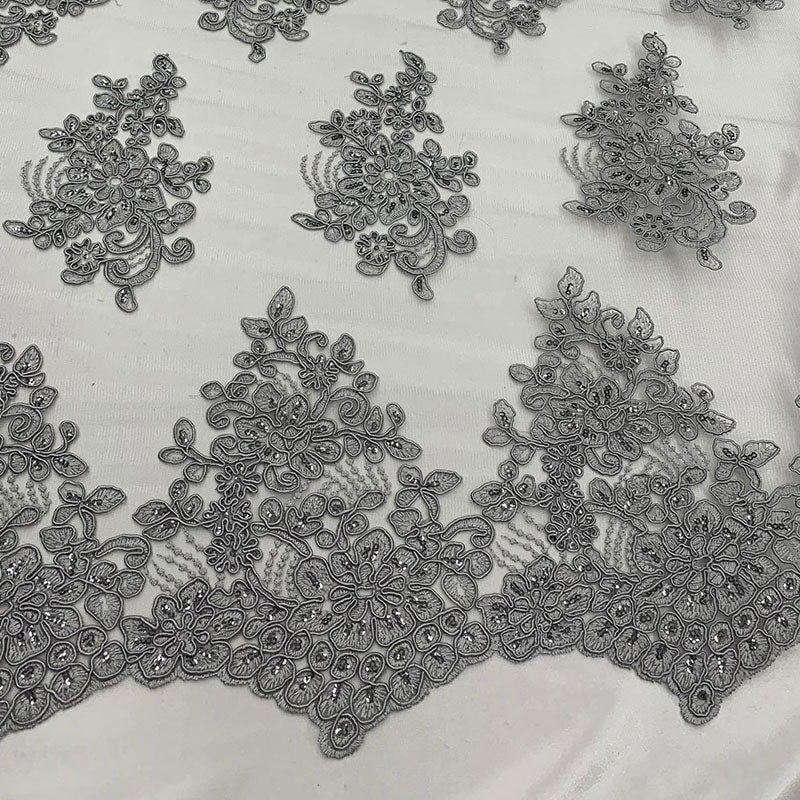 Embroidered Mesh lace Floral Design Fabric With Sequins By The YardICEFABRICICE FABRICSGoldEmbroidered Mesh lace Floral Design Fabric With Sequins By The Yard ICEFABRIC Silver/Gray