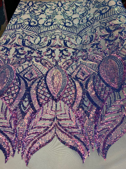 London Design 4 WAY Stretch Sequins Fabric SpandexICEFABRICICE FABRICSPurple Lilac on Blush MeshLondon Design 4 WAY Stretch Sequins Fabric Spandex ICEFABRIC Purple Lilac on Blush Mesh