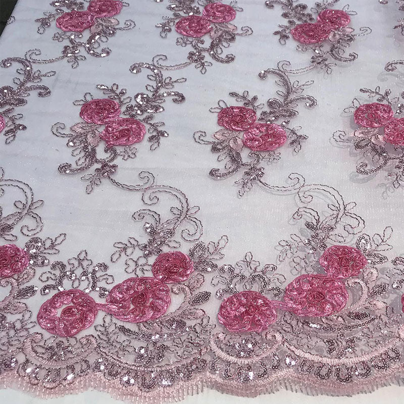 Embroidered Mesh Lace Flower Design With Sequins FabricICEFABRICICE FABRICSMintEmbroidered Mesh Lace Flower Design With Sequins Fabric ICEFABRIC Pink