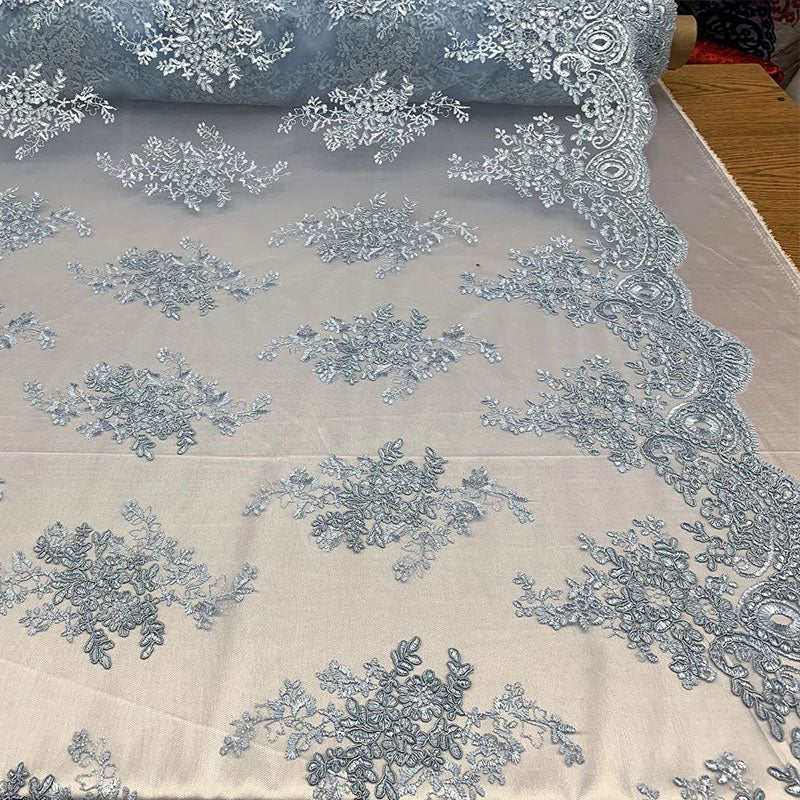 French Design Floral Mesh Lace Embroidery FabricICEFABRICICE FABRICSSky BlueFrench Design Floral Mesh Lace Embroidery Fabric ICEFABRIC Sky Blue