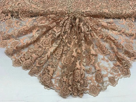 Hand Beaded Lace Fabric - Embroidery Floral Lace With Sequins And Flowers ICE FABRICS Peach/ Blush