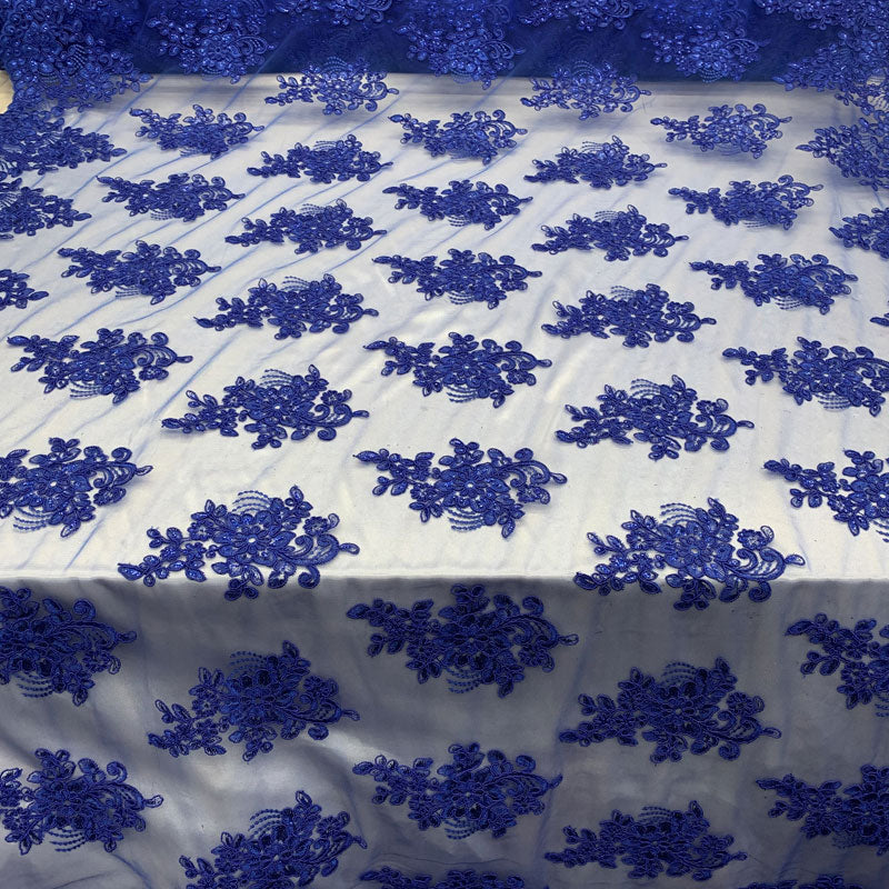 Embroidered Mesh lace Floral Design Fabric With Sequins By The Yard ICEFABRIC Royal Blue