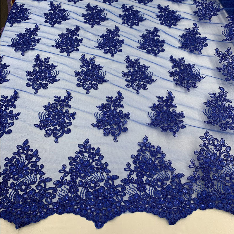Embroidered Mesh lace Floral Design Fabric With Sequins By The Yard ICEFABRIC Royal Blue