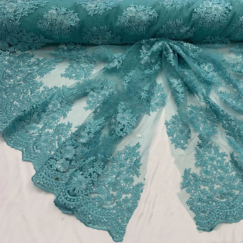 Embroidered Corded Metallic Flowers On Mesh Lace Fabric With Sequins ICEFABRIC Aqua
