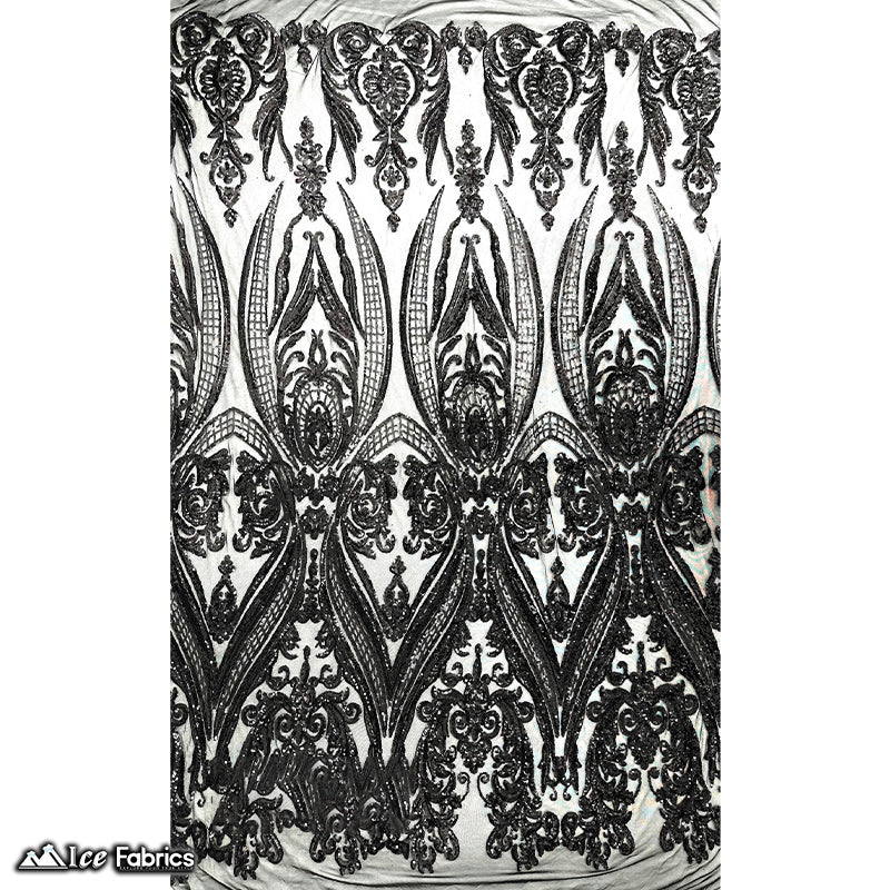 Damask Sequin Fabric | 4 Way Stretch Spandex Mesh Lace Fabric | (EGP) ICE FABRICS Black On Black