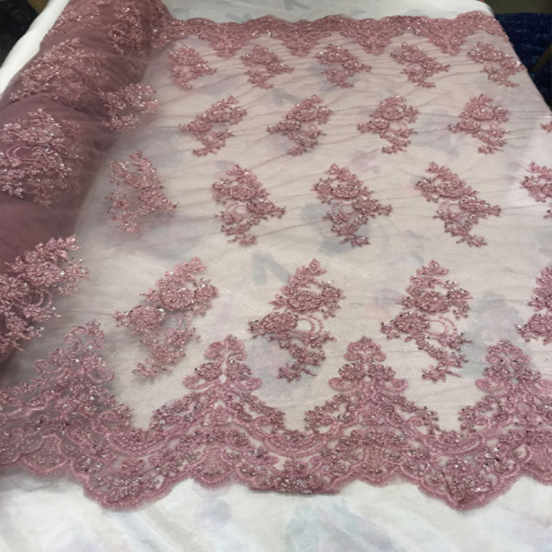 Floral Embroidered Bridal Wedding Beaded Mesh Lace FabricICEFABRICICE FABRICSRedFloral Embroidered Bridal Wedding Beaded Mesh Lace Fabric ICEFABRIC Dusty Rose