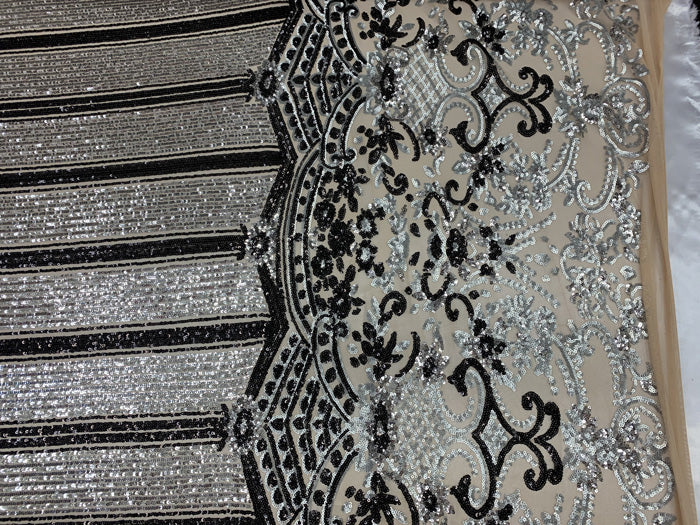Elegant New Casino Design Embroidered 4 Way Nude Mesh Spandex Stretchy Sequin Fabric ICEFABRIC Silver&Black