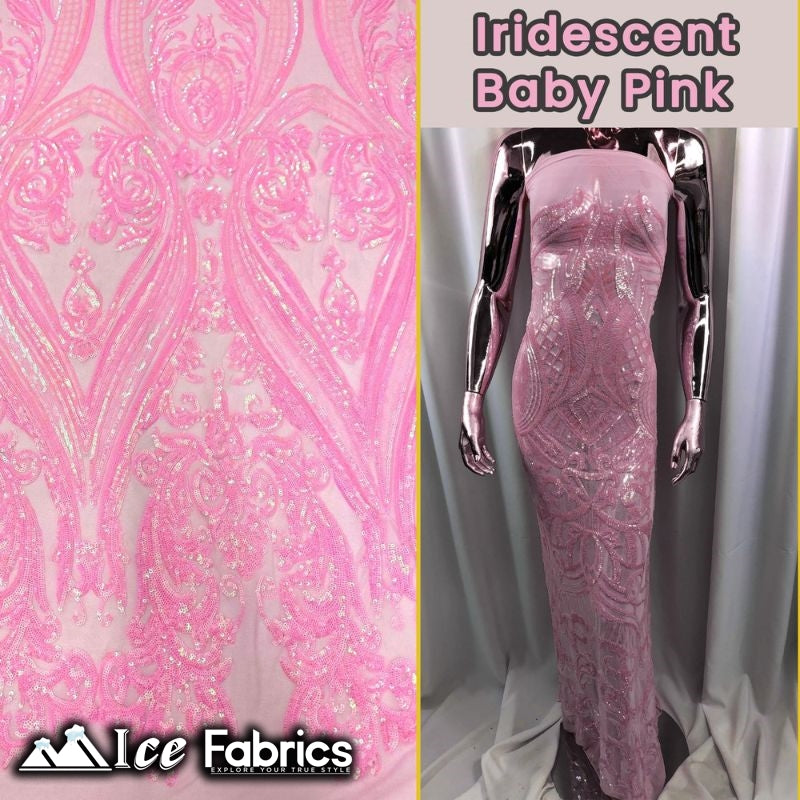 Damask Sequin Fabric | 4 Way Stretch Spandex Mesh Lace Fabric | (EGP)ICE FABRICSICE FABRICSIridescent Baby PinkDamask Sequin Fabric | 4 Way Stretch Spandex Mesh Lace Fabric | (EGP) ICE FABRICS Iridescent Baby Pink