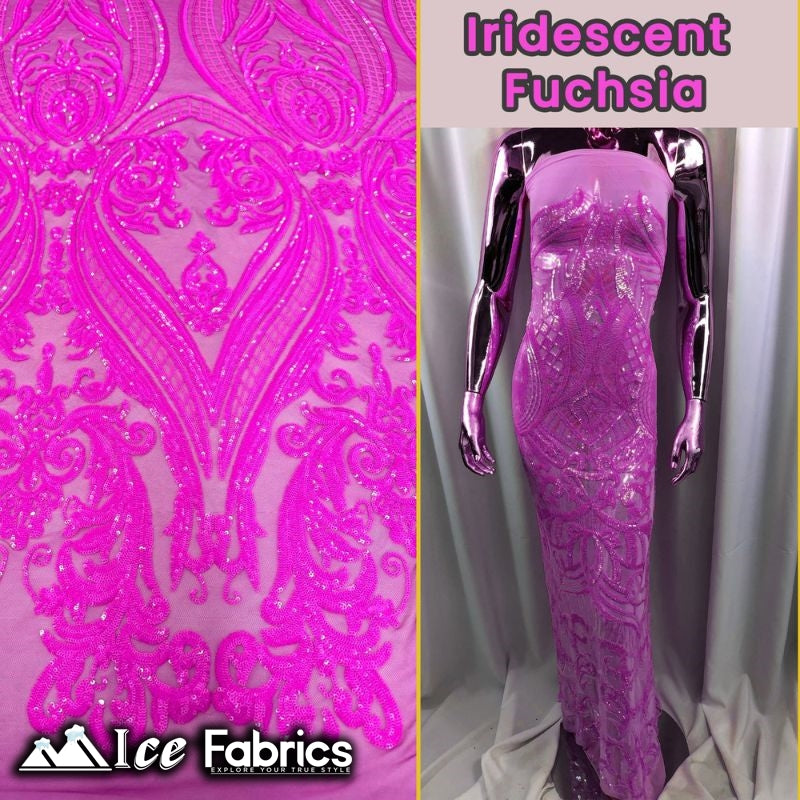 Damask Sequin Fabric | 4 Way Stretch Spandex Mesh Lace Fabric | (EGP)ICE FABRICSICE FABRICSIridescent FuchsiaDamask Sequin Fabric | 4 Way Stretch Spandex Mesh Lace Fabric | (EGP) ICE FABRICS Iridescent Fuchsia