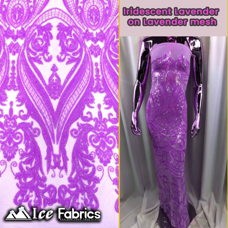 Damask Sequin Fabric | 4 Way Stretch Spandex Mesh Lace Fabric | (EGP)ICE FABRICSICE FABRICSIridescent Lavender on Lavender MeshDamask Sequin Fabric | 4 Way Stretch Spandex Mesh Lace Fabric | (EGP) ICE FABRICS Iridescent Lavender on Lavender Mesh