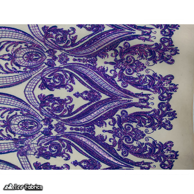 Damask Sequin Fabric | 4 Way Stretch Spandex Mesh Lace Fabric | (EGP)ICE FABRICSICE FABRICSEGP Iridescent LavenderIridescent Lavender On Nude MeshDamask Sequin Fabric | 4 Way Stretch Spandex Mesh Lace Fabric | (EGP) ICE FABRICS Iridescent Lavender On Nude Mesh
