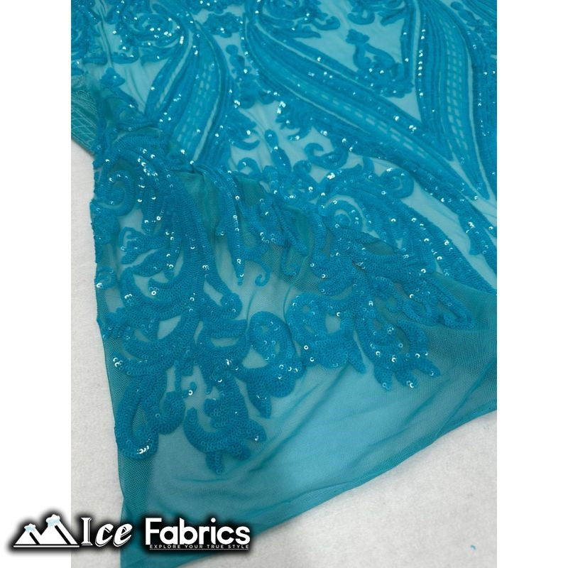 Damask Sequin Fabric | 4 Way Stretch Spandex Mesh Lace Fabric | (EGP)ICE FABRICSICE FABRICSIridescent Neon TurquoiseDamask Sequin Fabric | 4 Way Stretch Spandex Mesh Lace Fabric | (EGP) ICE FABRICS Iridescent Neon Turquoise