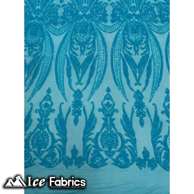 Damask Sequin Fabric | 4 Way Stretch Spandex Mesh Lace Fabric | (EGP)ICE FABRICSICE FABRICSIridescent Neon TurquoiseDamask Sequin Fabric | 4 Way Stretch Spandex Mesh Lace Fabric | (EGP) ICE FABRICS Iridescent Neon Turquoise