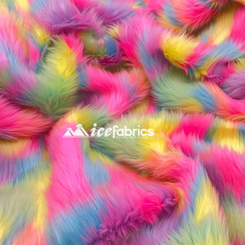 Shaggy Mohair Long Pile Faux Fur Fabric By The Yard ICE FABRICS Pastel Rainbow
