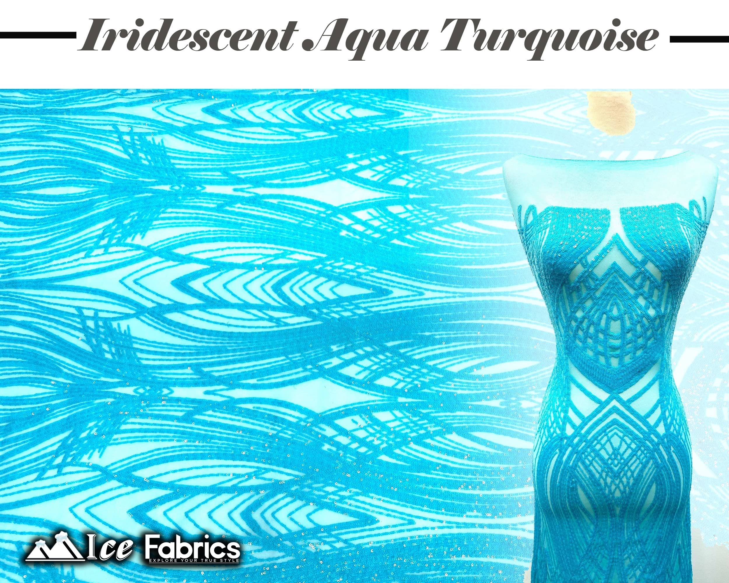 Peacock Sequin Fabric By The Yard 4 Way Stretch Spandex ICE FABRICS Iridescent Aqua Turquoise