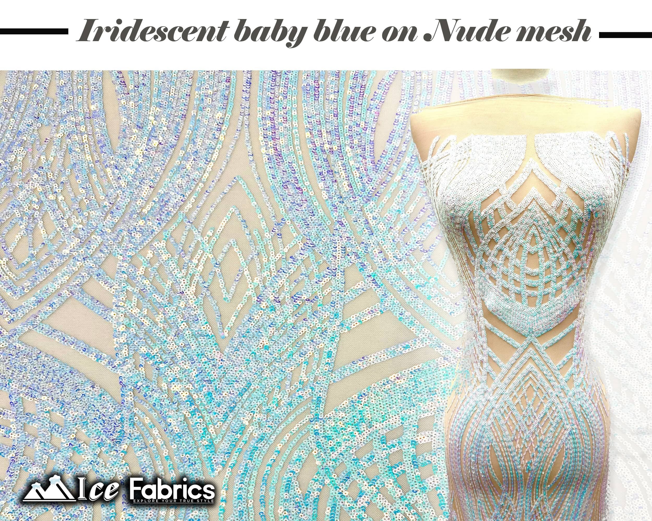 Peacock Sequin Fabric By The Yard 4 Way Stretch Spandex ICE FABRICS Iridescent Baby Blue on Nude Mesh