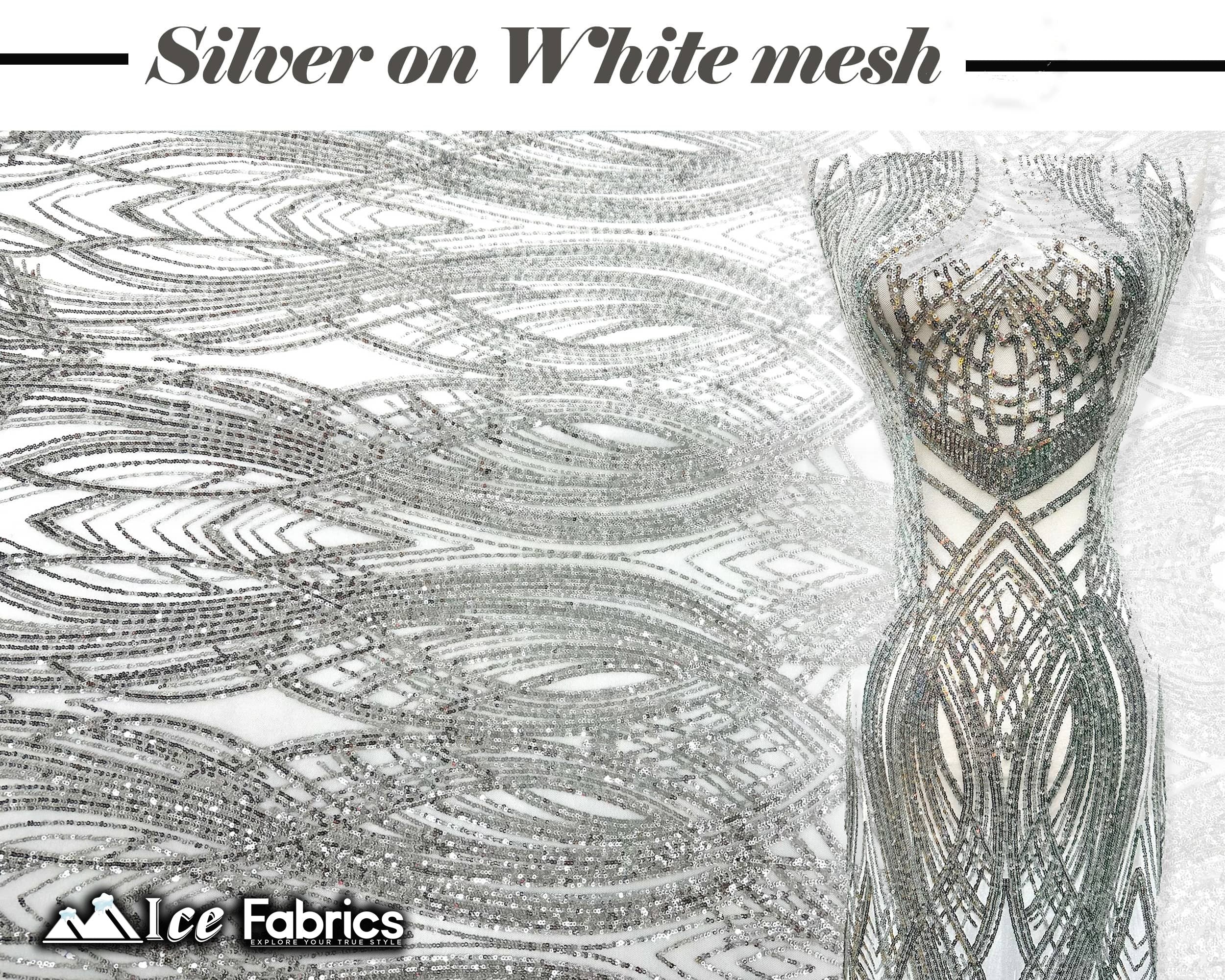 Peacock Sequin Fabric By The Yard 4 Way Stretch Spandex ICE FABRICS Silver on White Mesh