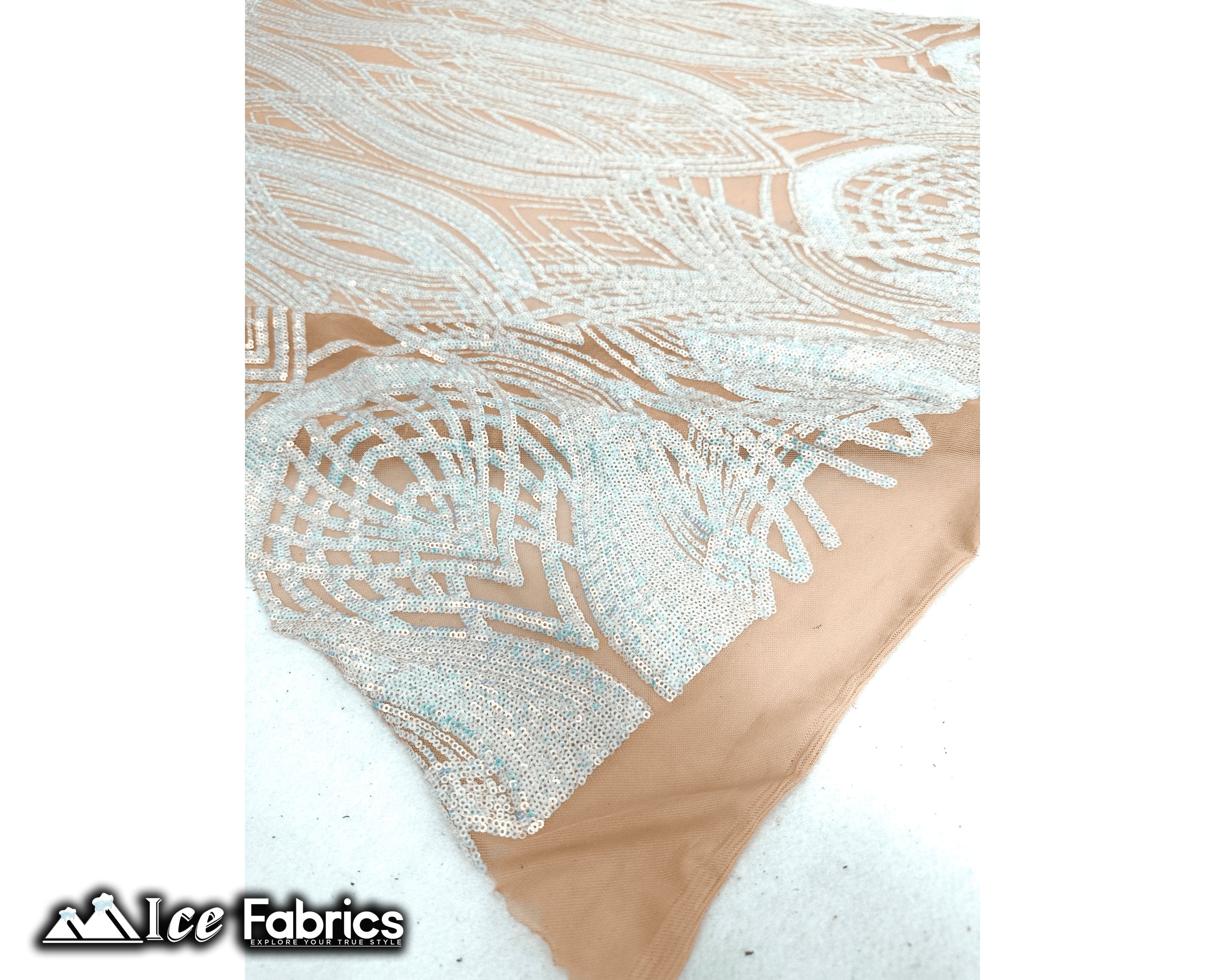 Peacock Sequin Fabric By The Yard 4 Way Stretch Spandex ICE FABRICS White Iridescent on Nude Mesh