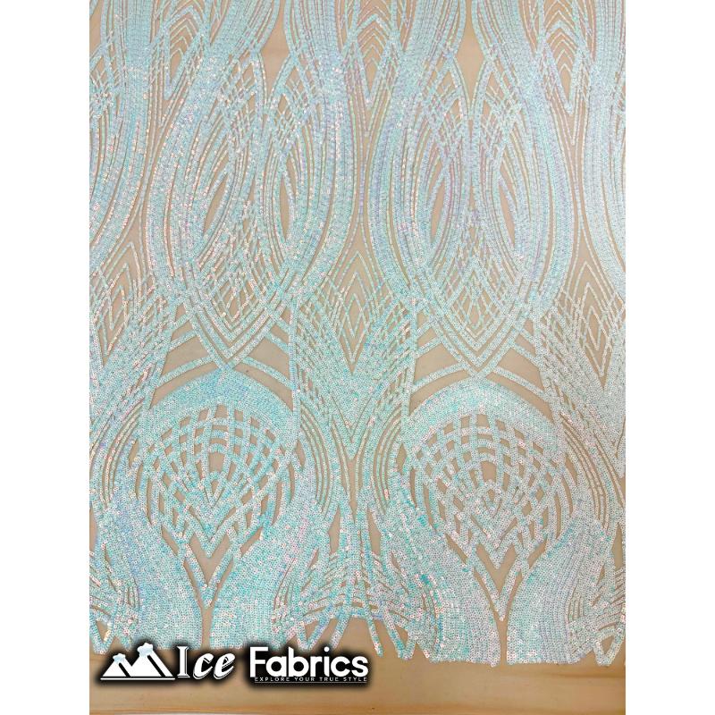 Peacock Sequin Fabric By The Yard 4 Way Stretch Spandex ICE FABRICS White Iridescent on Nude Mesh