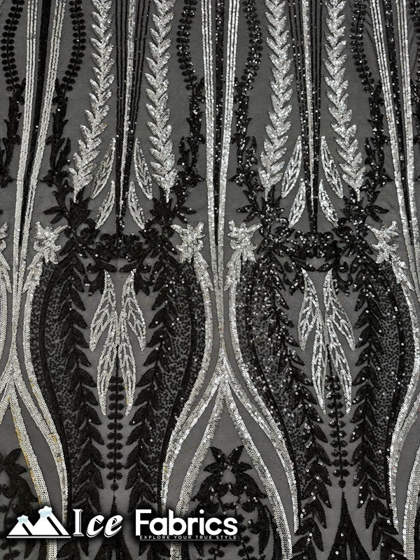 Lucy Damask Sequin Fabric on Spandex Mesh ICE FABRICS Silver Black