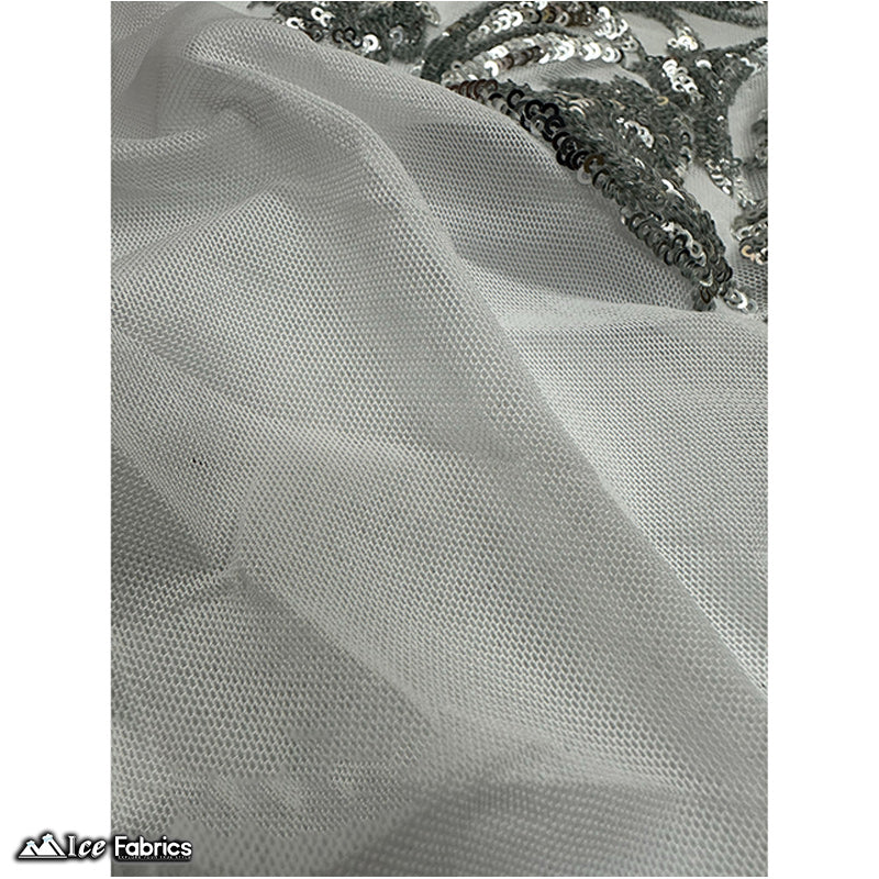 Damask Sequin Fabric | 4 Way Stretch Spandex Mesh Lace Fabric | (EGP)ICE FABRICSICE FABRICSEGP SilverSilver on White MeshDamask Sequin Fabric | 4 Way Stretch Spandex Mesh Lace Fabric | (EGP) ICE FABRICS Silver on White Mesh