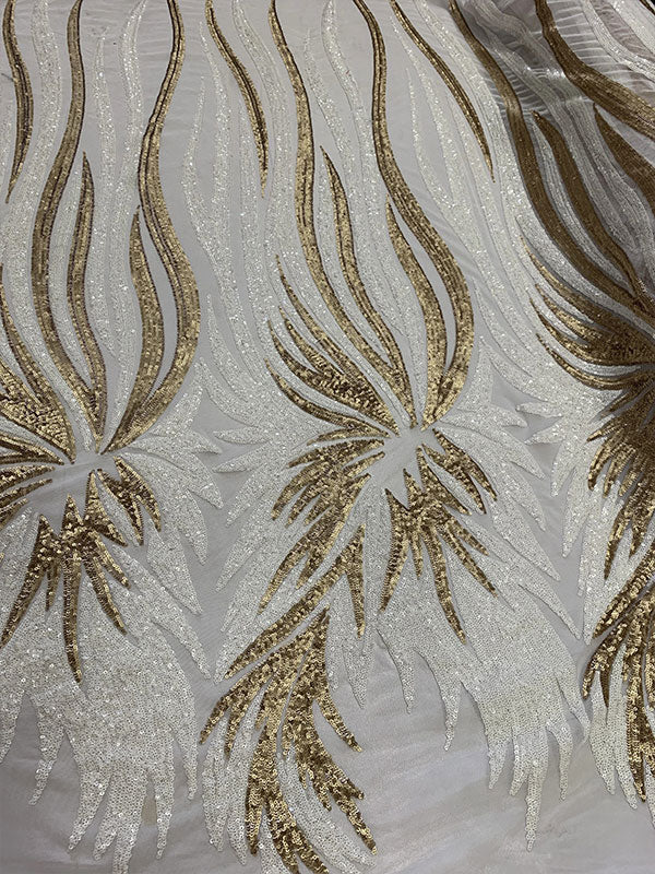French Feather Embroidered Spandex 4 Way Stretch Sequin Mesh Lace Fabric ICEFABRIC White/Gold