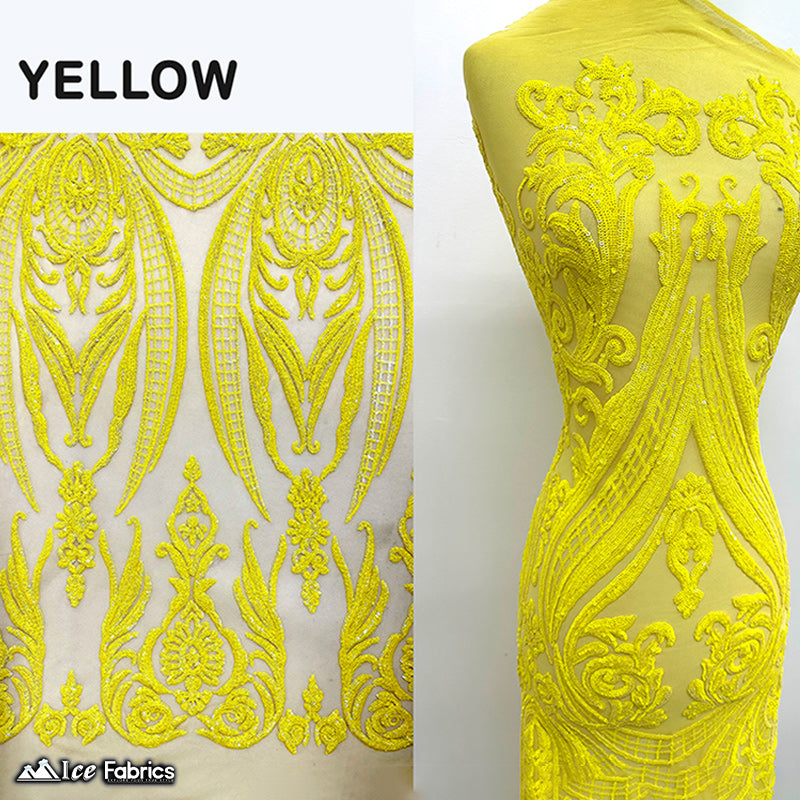 Damask Sequin Fabric | 4 Way Stretch Spandex Mesh Lace Fabric | (EGP)ICE FABRICSICE FABRICSEGP YellowYellow on YellowDamask Sequin Fabric | 4 Way Stretch Spandex Mesh Lace Fabric | (EGP) ICE FABRICS Yellow on Yellow