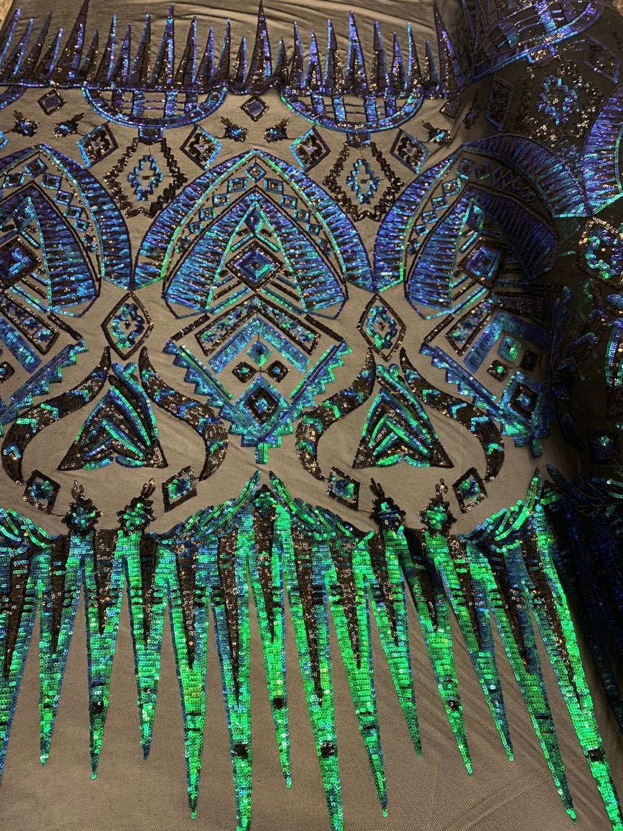 African Geometric Design 4 Way Stretch Mesh Lace Sequin Fabric By The YardICEFABRICICE FABRICSGreen Mesh1/2 YardAfrican Geometric Design 4 Way Stretch Mesh Lace Sequin Fabric By The Yard ICEFABRIC Green Mesh