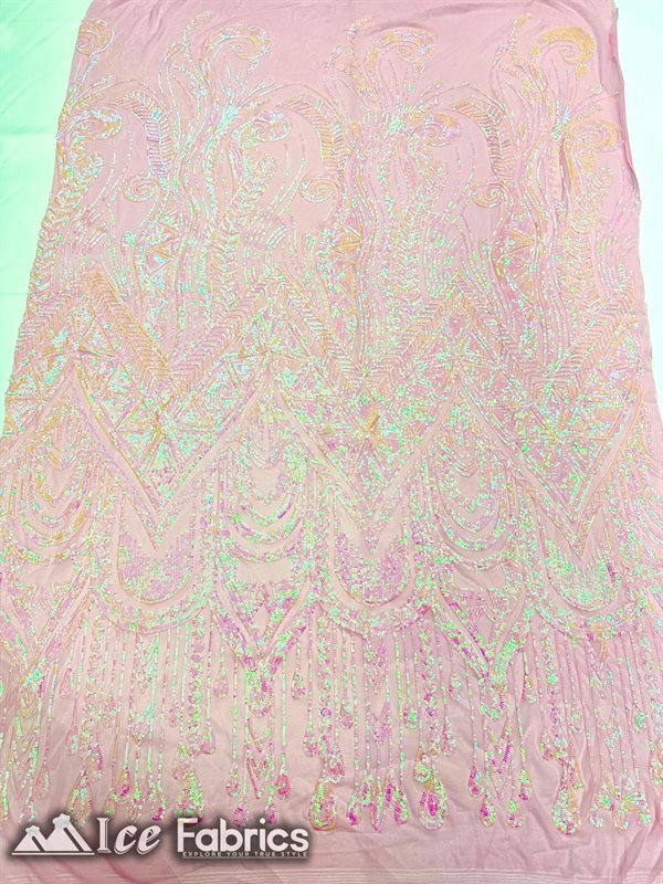 African Sequin Fabric 4 Way Spandex Stretch Sequin FabricICE FABRICSICE FABRICSIridescent PinkBy The Yard (60" Wide)African Sequin Fabric 4 Way Spandex Stretch Sequin Fabric ICE FABRICS Iridescent Pink