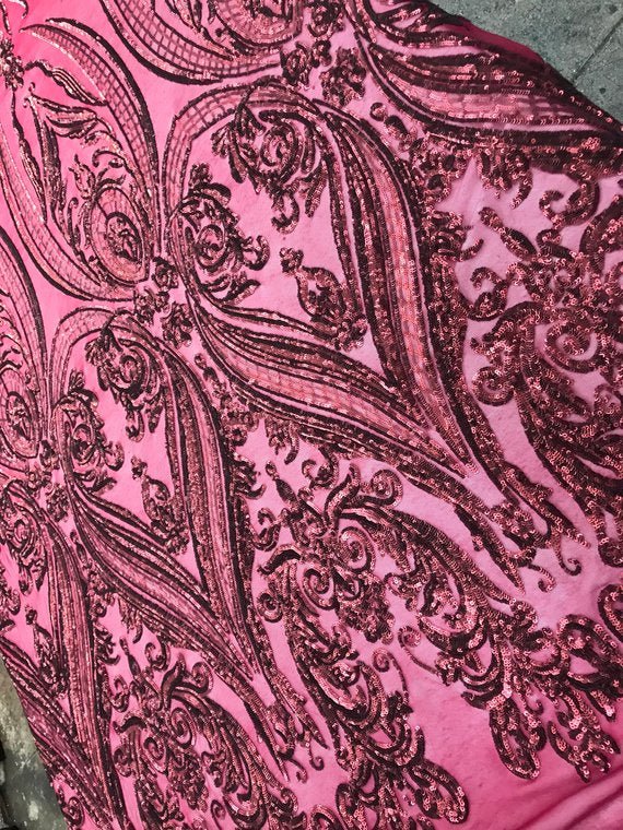 Arabic Designed Burgundy Embroidered 4 Way Stretch Sequin Fabric Sold By The YardICE FABRICSICE FABRICSBy The Yard (58" Wide)Arabic Designed Burgundy Embroidered 4 Way Stretch Sequin Fabric Sold By The Yard ICE FABRICS