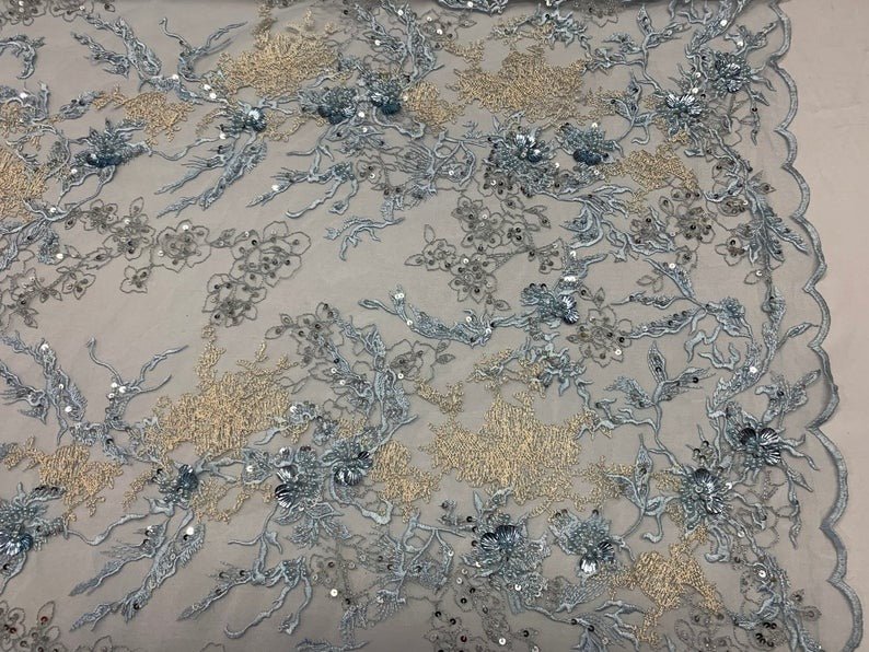 Baby Blue and Ivory Sequin Floral Bridal Fabric/ Beaded Fabric/ 3D Lace FabricICE FABRICSICE FABRICSBaby Blue and Ivory Sequin Floral Bridal Fabric/ Beaded Fabric/ 3D Lace Fabric ICE FABRICS