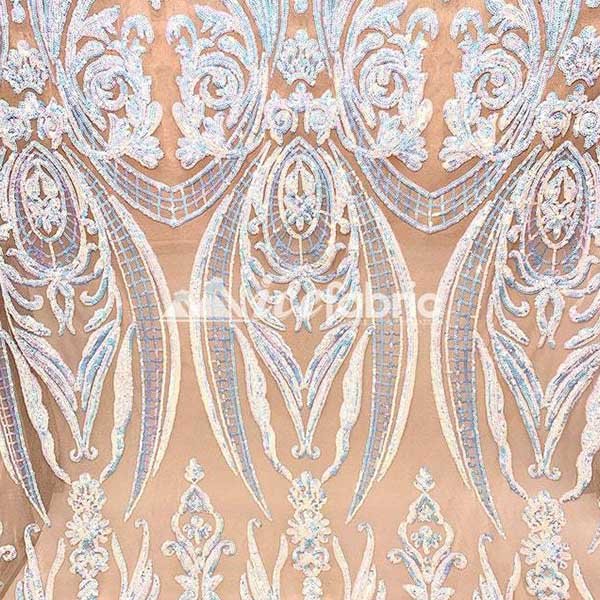 Baby Blue Geometric Sequin Embroidery on Nude Stretch Mesh
