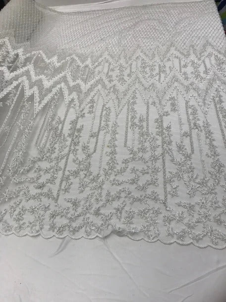 Beaded Embroidered Geometric Handmade Lace Fabric By The YardICE FABRICSICE FABRICSIvoryBeaded Embroidered Geometric Handmade Lace Fabric By The Yard ICE FABRICS Ivory