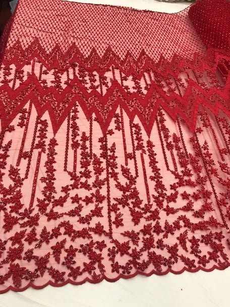Beaded Embroidered Geometric Handmade Lace Fabric By The YardICE FABRICSICE FABRICSRedBeaded Embroidered Geometric Handmade Lace Fabric By The Yard ICE FABRICS Red