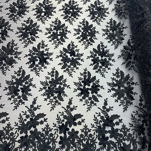 Black Double 3D Heavy Embroidered Flowers Guipure Beaded Mesh LaceICEFABRICICE FABRICSBlack Double 3D Heavy Embroidered Flowers Guipure Beaded Mesh Lace ICEFABRIC