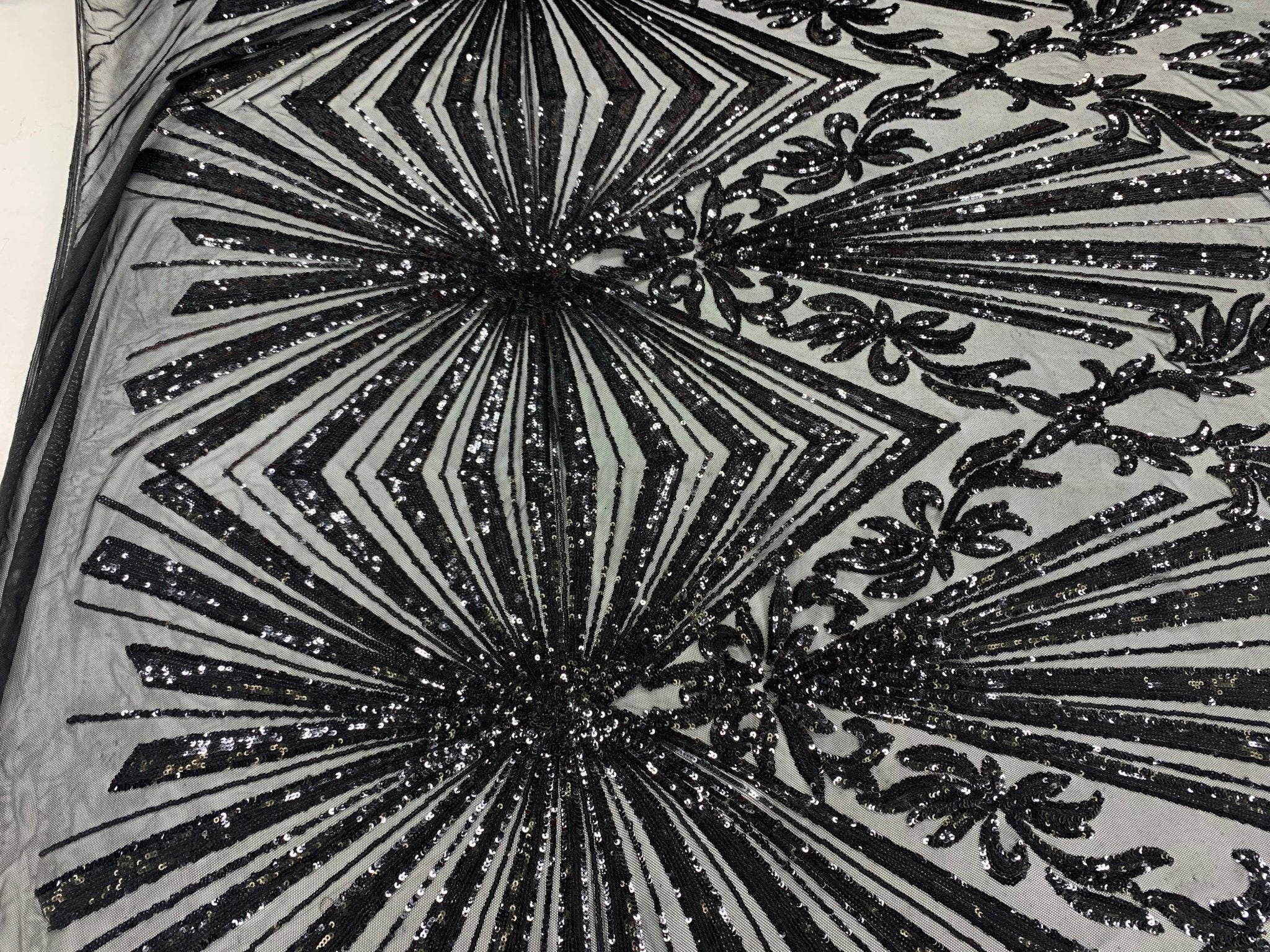 Black Luxury Stretch Sequin Bridal Embroidery on Black Mesh Lace FabricICEFABRICICE FABRICSBlack on Black MeshBy The Yard (58" Wide)Black Luxury Stretch Sequin Bridal Embroidery on Black Mesh Lace Fabric ICEFABRIC