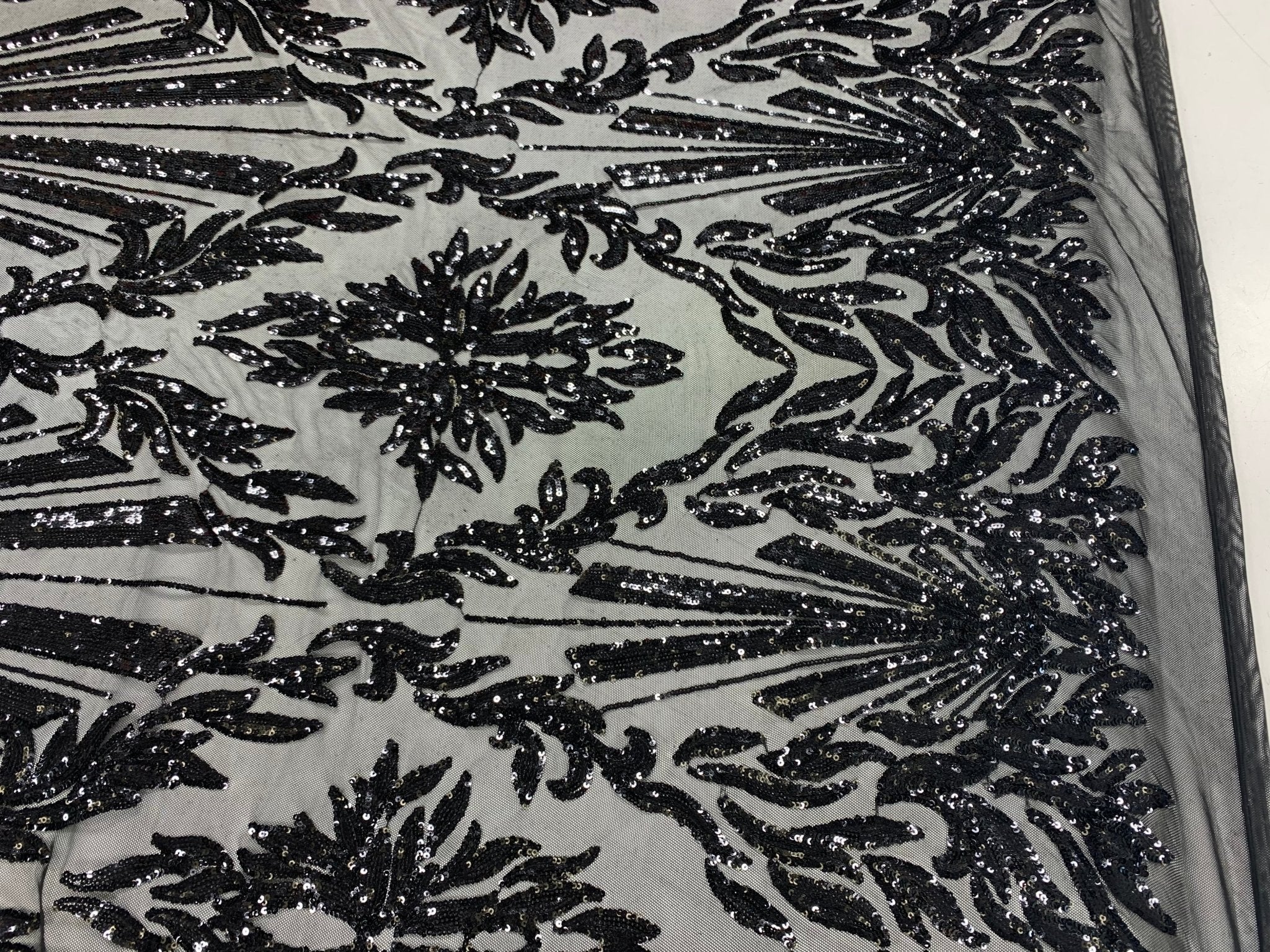 Black Luxury Stretch Sequin Bridal Embroidery on Black Mesh Lace FabricICEFABRICICE FABRICSBlack on Black MeshBy The Yard (58" Wide)Black Luxury Stretch Sequin Bridal Embroidery on Black Mesh Lace Fabric ICEFABRIC