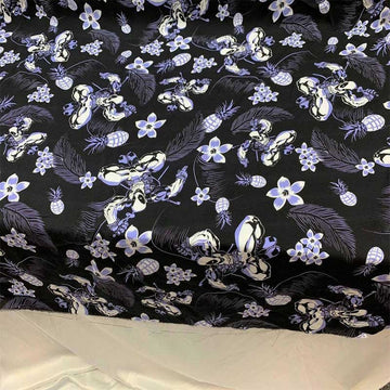 Blue Floral Hawaiian Black Rayon Challis Fabric - IceFabrics Blue Floral Hawaiian Black Rayon Challis Fabric - IceFabrics