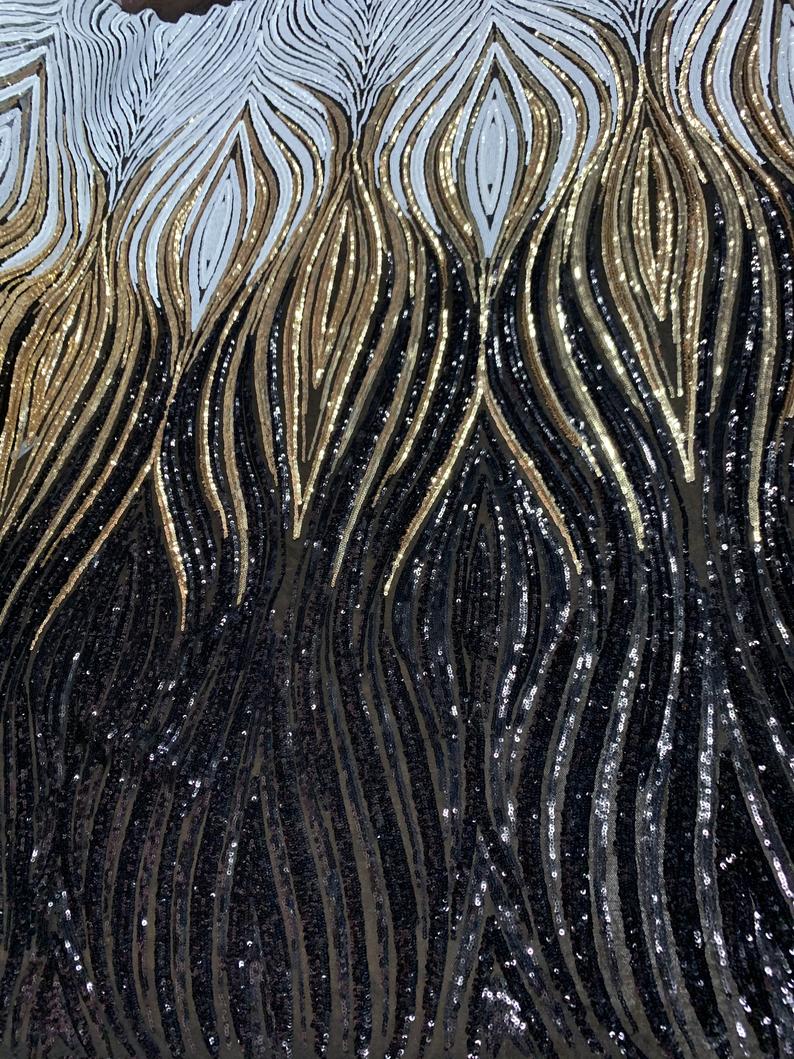 Bridal Black, Gold and White Embroider 4 Way Stretch Sequins Fabric By The YardICE FABRICSICE FABRICSBy The Yard (58" Wide)Bridal Black, Gold and White Embroider 4 Way Stretch Sequins Fabric By The Yard ICE FABRICS
