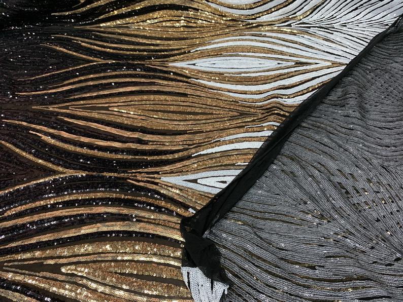 Bridal Black, Gold and White Embroider 4 Way Stretch Sequins Fabric By The YardICE FABRICSICE FABRICSBy The Yard (58" Wide)Bridal Black, Gold and White Embroider 4 Way Stretch Sequins Fabric By The Yard ICE FABRICS