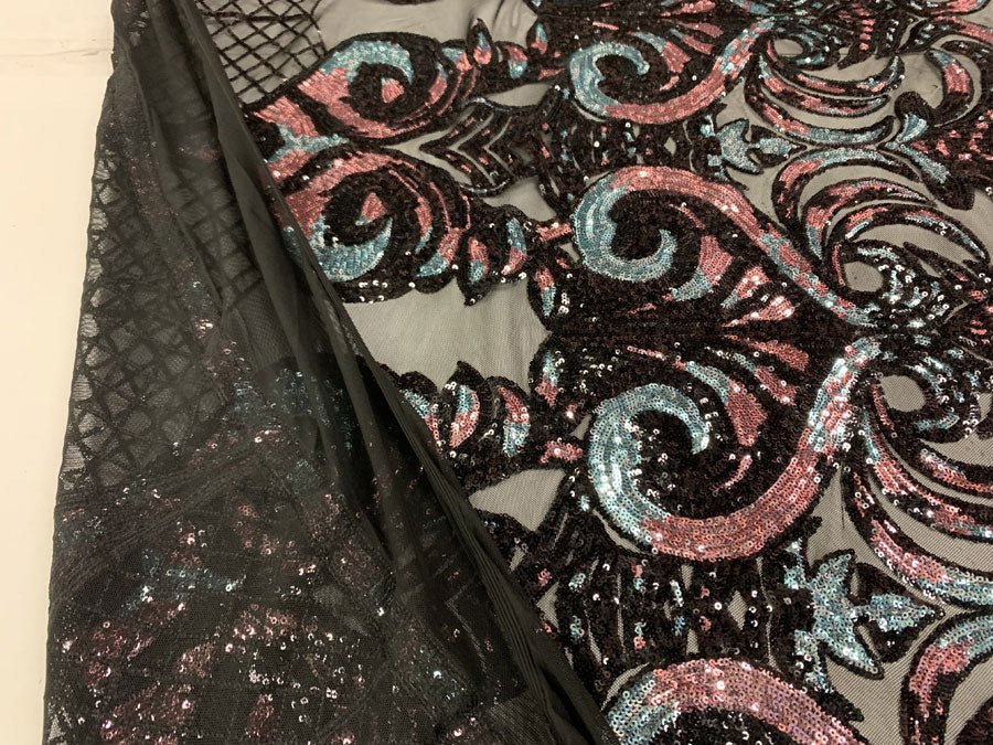 Bridal Dusty Rose and Black Sequin Embroidery on Black Stretch Mesh FabricICEFABRICICE FABRICSBy The Yard (58" Wide)Bridal Dusty Rose and Black Sequin Embroidery on Black Stretch Mesh Fabric ICEFABRIC