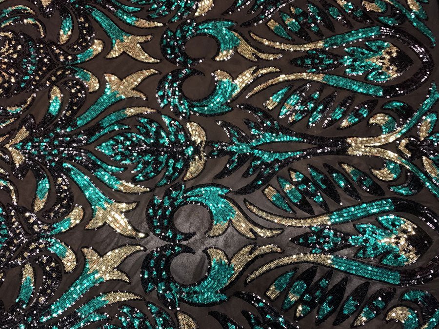 Green and Gold Sequin Embroidery on Black Stretch Mesh Fabric