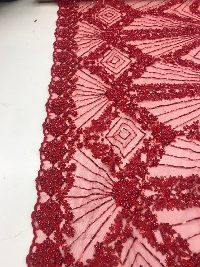 Bridal Lace Hand Beading Mesh Lace With Sequins FabricICEFABRICICE FABRICSCreamBridal Lace Hand Beading Mesh Lace With Sequins Fabric ICEFABRIC Red