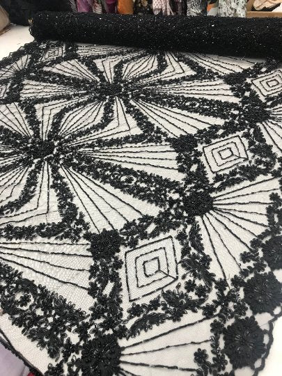 Bridal Lace Hand Beading Mesh Lace With Sequins FabricICEFABRICICE FABRICSBlackBridal Lace Hand Beading Mesh Lace With Sequins Fabric ICEFABRIC Black