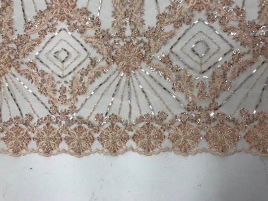 Bridal Lace Hand Beading Mesh Lace With Sequins FabricICEFABRICICE FABRICSPeachBridal Lace Hand Beading Mesh Lace With Sequins Fabric ICEFABRIC Peach