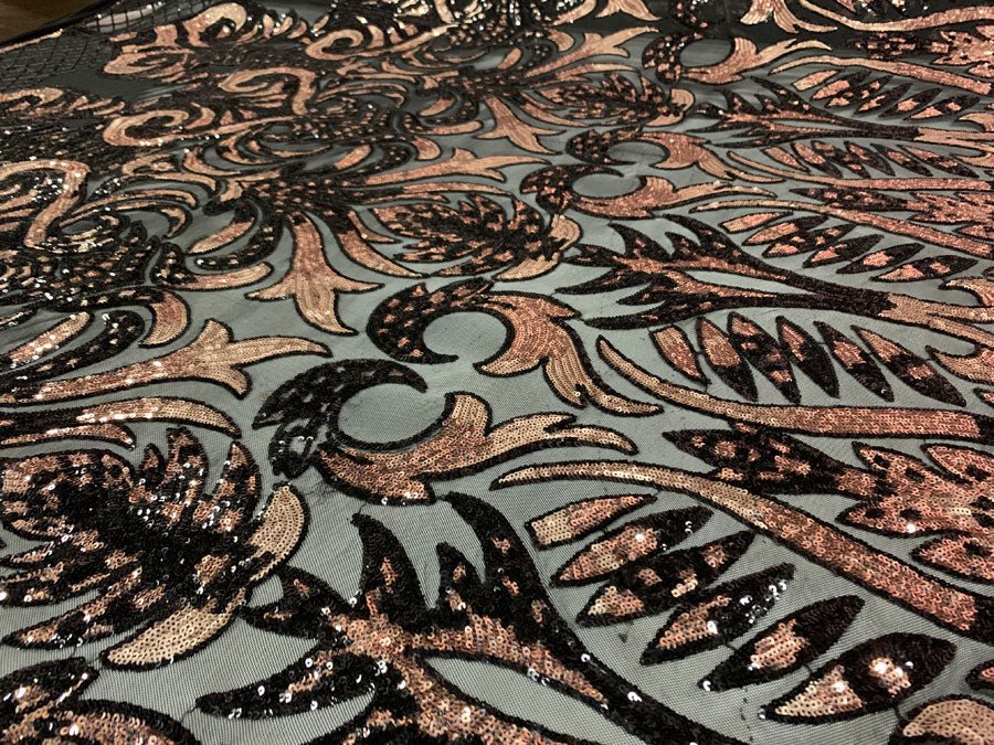 Bridal Rose Gold and Black Sequin Embroidery on Black Stretch Mesh FabricICEFABRICICE FABRICSBy The Yard (58" Wide)Bridal Rose Gold and Black Sequin Embroidery on Black Stretch Mesh Fabric ICEFABRIC